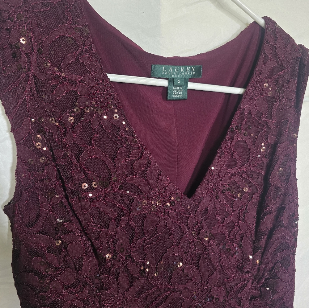 Lauren Ralph Lauren Maroon Sequin Faux Wrap Ruched Wedding Guest Dress size 4